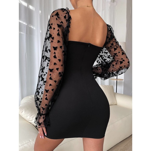 Sweetheart Neck Flounce Sleeve Bodycon Dress sheer long sleeve black butterfly - Picture 2 of 11